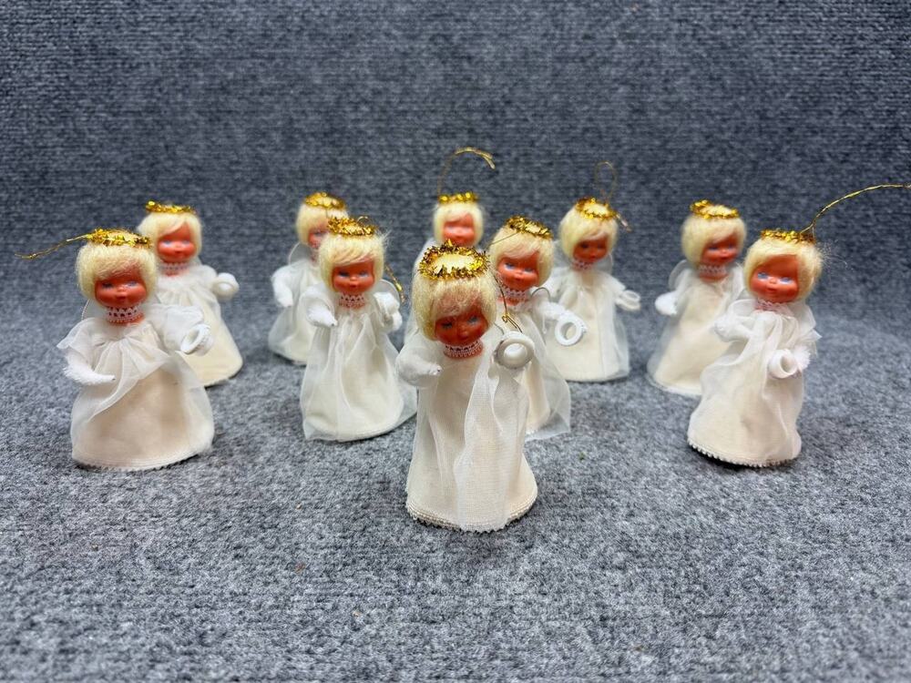 Vintage Angel Christmas Ornaments Set of 10 Blonde Halo Dolls